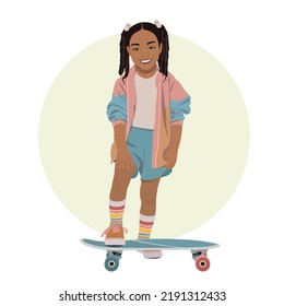 Black Girl With Skateboard, Realistic Vector