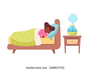 Black girl sleeping with air humidifier in room. Ecological appliance for home. Healthy sleep. Vector illustration