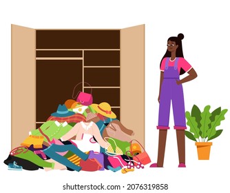 A black girl in slippers, an empty wardrobe and a pile of clothes that fell out of the closet. A mess, a cluttered wardrobe. Color vector illustration of isolated on a white background