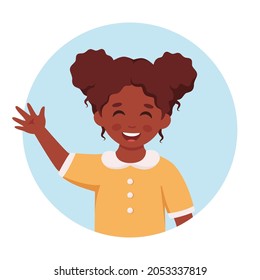 Black girl smiling and waving hand. Little girl portrait in circular shape. Elementary school student. Vector illustration