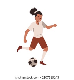 Black girl soccer player running and kicking the ball, vector illustration. Female football player of African heritage cartoon avatar. Smiling woman with afro hair play activity sport.