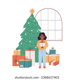 Black girl standing with gift boxes and celebrating Christmas or New Year. Christmas tree with presents. Vector illustration in flat style 