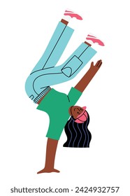 Chica negra de pie en un soporte de la mano, realizando un movimiento de breakdance. Dibujado a mano ilustración vectorial aislado en blanco