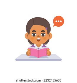 a black girl study reading the book on the desk, illustration cartoon character vector design on white background. kid and education concept.