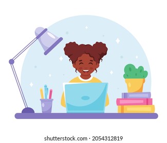 Black girl studying with computer. Online learning, back to school concept. Vector illustration
