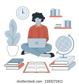 Black girl studying or working with a laptop. Flat composition of working place at home. Simple, minimalistic.