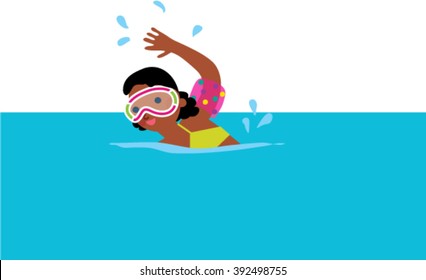 Black girl swimming in armbands and mask. Vector illustration