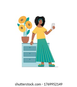 Black girl taking selfie, chat online, hold smartphone and texting, talking, listening to music. Flat vector illustration, isolated objects.