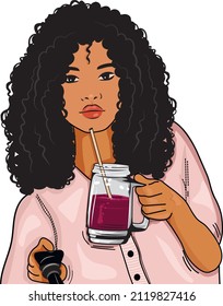 black girl taking selfie vector. african american woman holding drink vector.