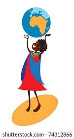 A black girl - a teenager from the Maasai toss a large ball with  the image of the African continent