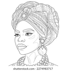 Black girl in turban and jewelry.Coloring book antistress for children and adults. Illustration isolated on white background.Zen-tangle style. Hand draw