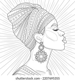  Black girl in a turban in profile with an earring.Coloring book antistress for children and adults. Illustration isolated on white background.Zen-tangle style. Hand draw