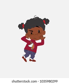 Black girl with a unicorn pullover something sick and dizzy.																									