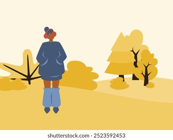 Black girl using cute and stylish outfit standing in the park waiting someone at autumn season. Wallpaper vector illustration for business.