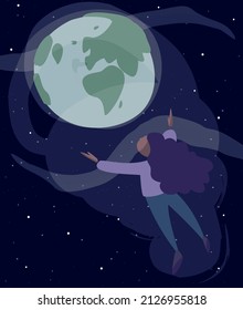 Black girl with wavy hair holding the Earth in space with stars and clouds