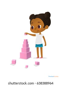 Black girl wearing T-shirt and blue shorts stands and builds tower using pink stacking cubes of different size. Visual identification of larger and smaller objects. Vector illustration for banner.