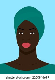 Black girl is wearing a turquoise turban. Self-confident young woman with brown skin in traditional headdress portrait front view. Vector illustration. African female with a scarf on her head