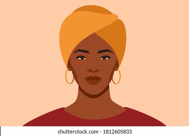 Black girl is wearing a yellow turban. Self-confident young woman with brown skin in traditional headdress portrait front view. Vector illustration. African female with a scarf on her head.