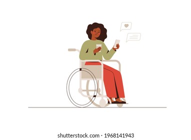 Black girl in a wheelchair sends messages via smartphone. Young happy African American woman uses a mobile phone for texting with friends. Social media chatting, instant messaging. Vector illustration