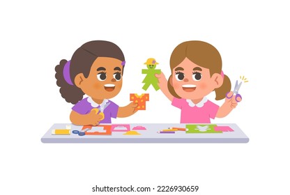 a black girl and a white girl doing the paper cut with imagination like a paper doll in art class on the table, illustration cartoon character vector design on white background. kid and education.