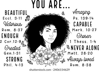 Black girl with wildflowers, Butterfly floral, Flowers girl, You are beautiful, Bible verse	