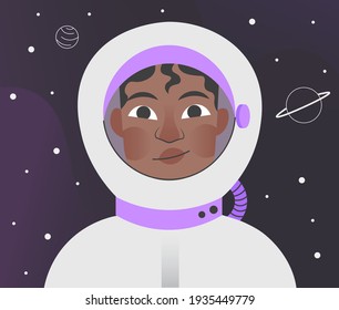 Black girl, woman astronaut in open space. Vector flat art, illustration, card, banner