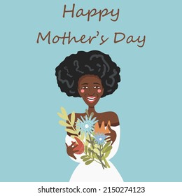 Black girl, woman with a bouquet of flowers, vector illustration, happy mother's day.