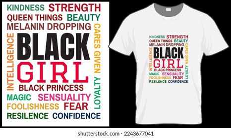 Black girl word art t shirt. Black History Month vector illustration graphic. Green, red, yellow background with text. Celebrate American and African People culture.