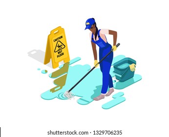 Black Girl In Work Clothes Washes The Floor With Water And Equipment.Sign Caution Wet Floor. Professional Cleaning Company. Vector Isometric Isolate