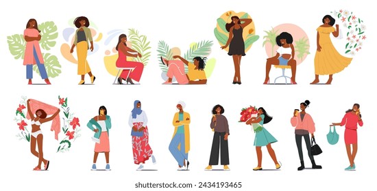 Black Girls and Women Set. Young, Teen and Adult African American Female Characters in Various Poses and Clothes. Standing, Sitting, Lying Black Girls. Cartoon People Vector Illustration