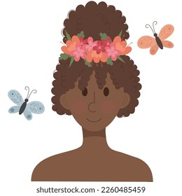 Black girl,woman in a flower wreath and butterflies. Spring girl. Love your body concept.Love yourself concept.