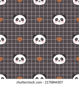 black girly panda cute face on a grid seamless pattern background, kawaii animals wrapping paper and towel print