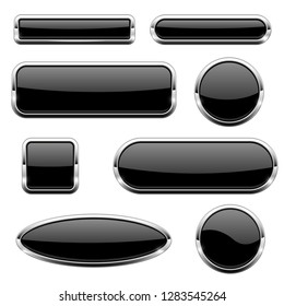 Black glass 3d buttons. With chrome frame. Set of web icons. Vector illustration isolated on white background