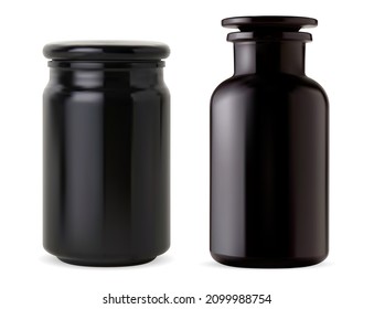 Black Glass Apothecary Bottle. Bath Salt Jar, Glossy Vintage Flask. Aroma Candle Round Container Mockup. Retro Laboratory Vial, Elegant Supplement. Barber Product Bottle