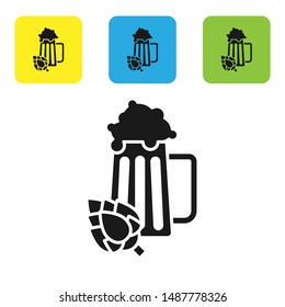 Black Glass of beer and hop icon isolated on white background. Set icons colorful square buttons. Vector Illustration