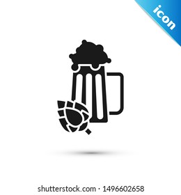 Black Glass of beer and hop icon isolated on white background.  Vector Illustration