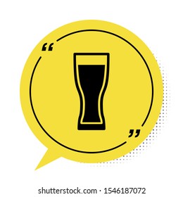 Black Glass of beer icon isolated on white background. Yellow speech bubble symbol. Vector Illustration