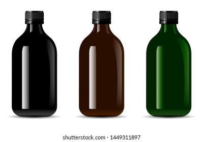 Black Glass Bottle. 3d Glossy Container Package Illustration. Medicine Treatment Packaging Vector Mockup. Aromatherapy Essence Flacon Blank. Brown or Green Serum Bottle