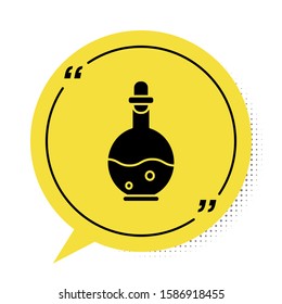 Black Glass bottle with magic elixir icon isolated on white background. Computer game asset. Yellow speech bubble symbol. Vector Illustration