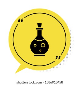 Black Glass bottle with magic elixir icon isolated on white background. Computer game asset. Yellow speech bubble symbol. Vector Illustration