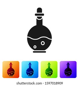 Black Glass bottle with magic elixir icon isolated on white background. Computer game asset. Set icons in color square buttons. Vector Illustration