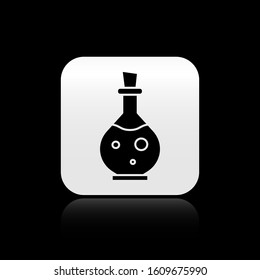 Black Glass bottle with magic elixir icon isolated on black background. Computer game asset. Silver square button. Vector Illustration