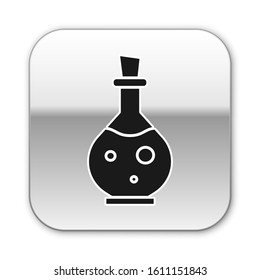 Black Glass bottle with magic elixir icon isolated on white background. Computer game asset. Silver square button. Vector Illustration