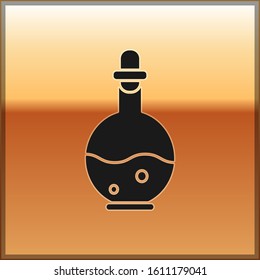 Black Glass bottle with magic elixir icon isolated on gold background. Computer game asset.  Vector Illustration