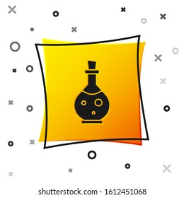 Black Glass bottle with magic elixir icon isolated on white background. Computer game asset. Yellow square button. Vector Illustration