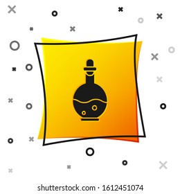 Black Glass bottle with magic elixir icon isolated on white background. Computer game asset. Yellow square button. Vector Illustration