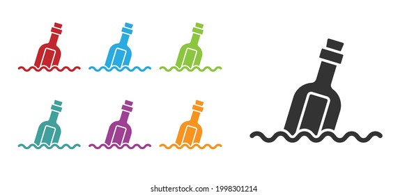 Black Glass bottle with a message in water icon isolated on white background. Letter in the bottle. Pirates symbol. Set icons colorful. Vector