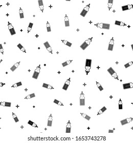 Black Glass bottle with a pipette. Vial with a pipette inside and closed lid icon isolated seamless pattern on white background. Container for medical and cosmetic product.  Vector Illustration