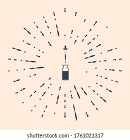 Black Glass bottle with a pipette. Vial with a pipette inside and closed lid icon on beige background. Container for medical and cosmetic product. Abstract circle random dots. Vector Illustration