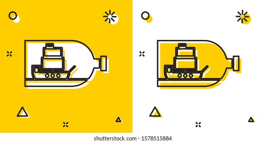 Black Glass bottle with ship inside icon isolated on yellow and white background. Miniature model of marine vessel. Hobby and sea theme. Random dynamic shapes. Vector Illustration
